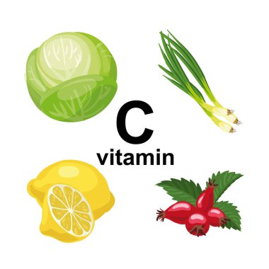 C vitamini içeren yiyecekler. İçinde C vitamini, lahana, limon, gül üzümü ve yeşil soğan var. Meyve ve sebze ve askorbik asit. Beyaza izole edilmiş diyet yiyecekler..