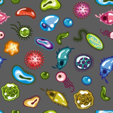 Çizgi film Bacterias kusursuz desen. Dünya mikroskop altında. Mikroplar ve virüsler. Mikroorganizma mikroorganizmalar mikroplar, bakteriler ve hastalık virüsleri çocuklara öğretmek için vektör illüstrasyonları.
