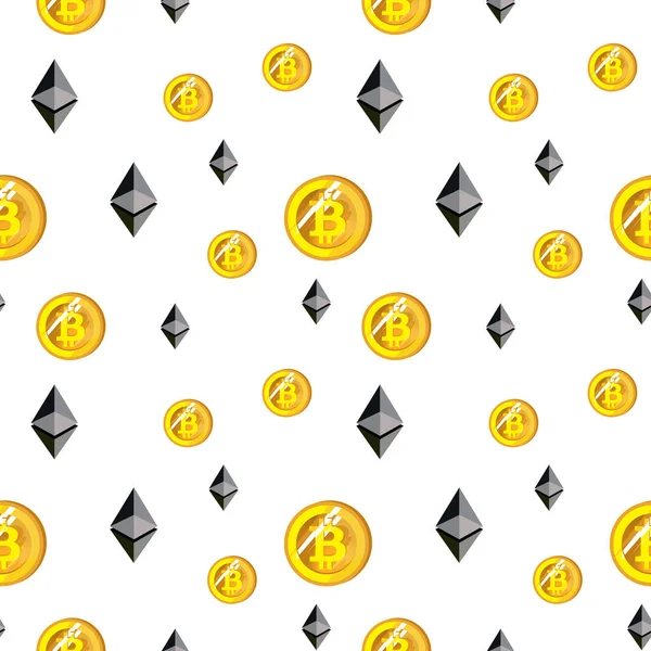 Cryptogeld naadloos patroon. Bitcoin achtergrond. Naadloze achtergrond met tekenen van Bitcoin en Ethereum. — Stockvector