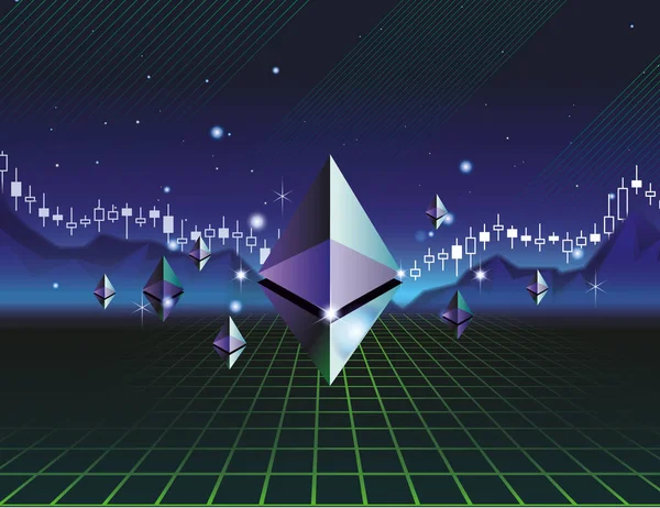 Etherium svícen graf vektorové ilustrace. Kryptoměna Etherium na tmavém neonovém 3D pozadí. Pozadí 80. let. Text fotr volného místa. — Stockový vektor