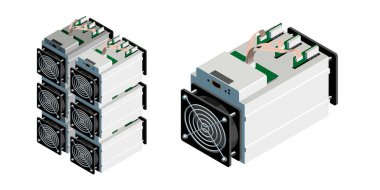 ASIC bitcoin madencisi ve ASIC madencilik çiftliği. Bitcoin madenciliği. Karınca Mineri İzometrik Görünümü. Beyaz üzerine izole edilmiş kripto para birimi madencilik ekipmanları ve donanım.