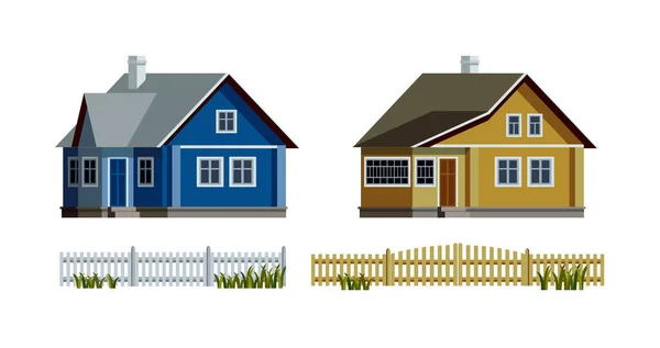 Ryska byn hus isolerade på vitt. Gula och blå hus i trä by i traditionell stil med staket set. — Stock vektor