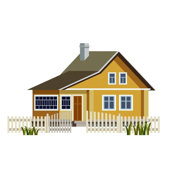 Russian village house in traditional style isolated on white vector illustration. Wooden village house with fence. — Stock Vector