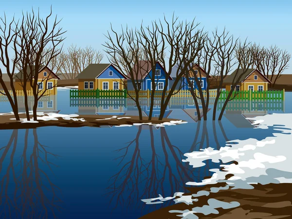 Flooded village. Spring rising river levels in village vector illustration. High water in Russian village. Flooded houses. Huts in water. Old huts. Farmhouses. Spring landscape. — Stock Vector