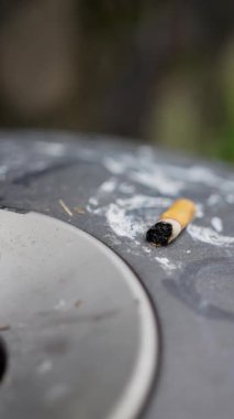 Lekeli kül tablası yüzeyinde yanan sigara izmariti, yakın çekim kömürleşmiş uç ve nemli kül halkalarını kenar çevrenin etrafında, bulanık yeşillik, melankolik tonu vurgulayan tenha bir tezgah.