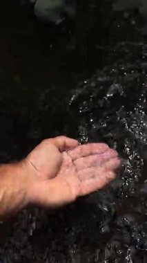 Kafkasyalı bir adam yosun taşlarının üzerine akarsu dökerken parmaklarından düşen damlacıklar, orman ışığı ve barışçıl ruh hali, su için serin su toplayan palmiyeleri gösteren el perspektifi,