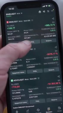 Telefon Ekranı Kripto Takas Konumlarını Gösteriyor, BNBUSDT Emirlerini Denetlemek için Parmak Tıklatma, Yeşil Kazançlar ve Kırmızı Kayıplar, Koz ve Marj Verisi Görünür, Yakından Dokunmatik Ekran Arayüzü, Gergin Atmosfer