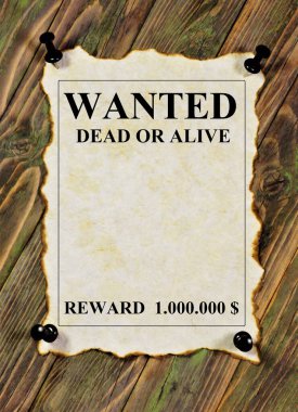 Aranıyor, ölü ya da diri. Ödül olarak 1000.000 dolar. Ahşap bir arka plandaki Vintage grunge desen posterine metin yazımı.
