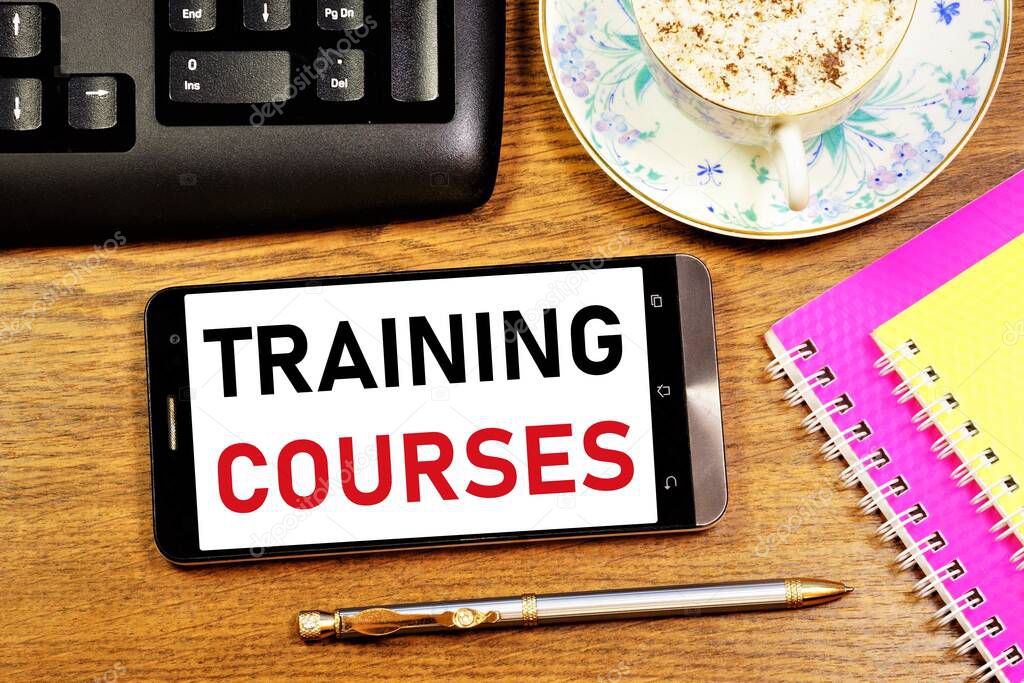 Training courses. Text message on the smartphone screen. Classes according to the plan and schedule, teaching a scientific subject. An opportunity to gain new knowledge.