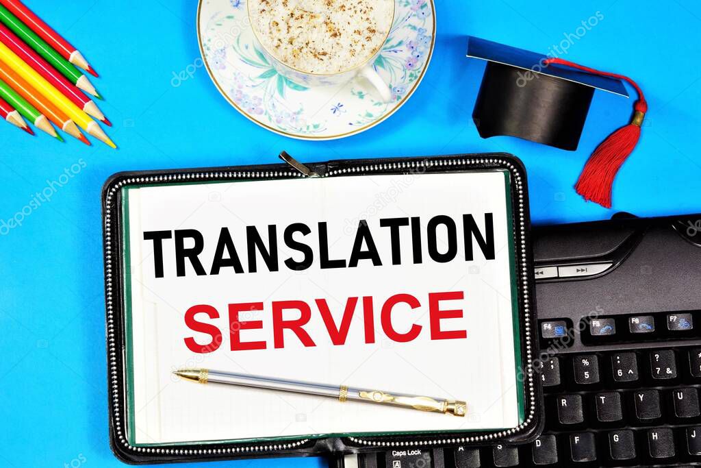 Translation services. Text inscription on a training notebook. Interpret the meaning of the text in the source language and create a new text in a different language.