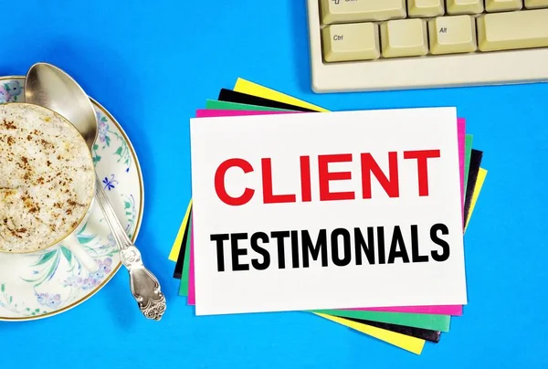 Client Testimonials Label Business Planning Text Research Reviews Brand Promotion — Stock Photo, Image