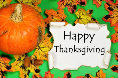 Mutlu Şükran Günleri Balkabağı, meşe palamudu ve sonbahar yapraklarının arka planında eski bir parşömen yazılıydı..