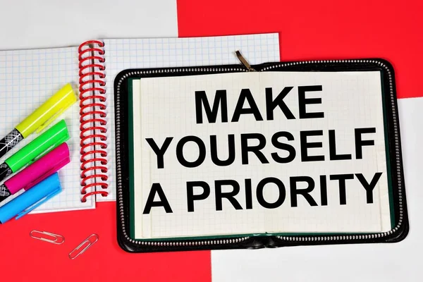 Make Yourself Priority Inscription Planning Notebook Improvement Business Creativity Education — Stock Photo, Image