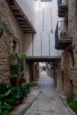Horta de Sant Joan, Tarragona, Katalonya, İspanya 'nın tarihi merkezindeki tipik dar bir caddenin dikey fotoğrafı