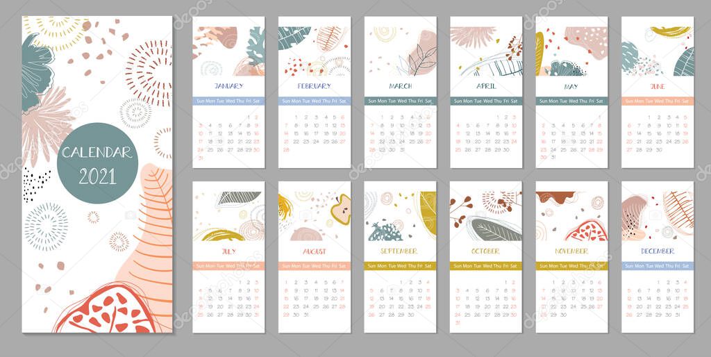 2021 trendy calendar design. Set of 12 months. Week starts on Sunday.Editable calender page template format.Abstract artistic vector illustration.Cute printable template with geometric elements