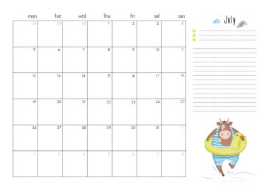 2021 yılının Çin takvimine göre 2021 yılının sembolü olan şirin bir boğa, inek ya da öküz ile birlikte Temmuz 2021 için basılabilir A4 planlama sayfası. Hafta pazartesi başlıyor.