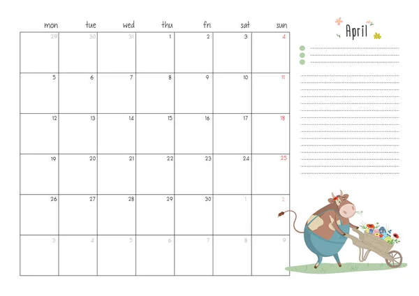 Printable Planner Page April 2021 Cute Bull Cow Symbol New — Wektor stockowy