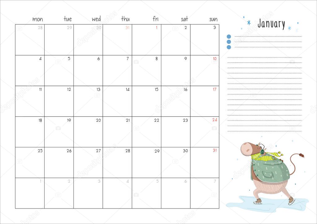 Printable A4 planner page for January 2021 with a cute bull, cow or ox, the symbol of the new year 2021 according to the Chinese calendar. Ready-to-print vector calendar page