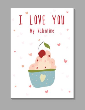 Seni seviyorum sevgilim. Sevgililer Günü tebrik kartı ve kek. Koleksiyon defteri, afişler, tebrik kartları, afişler, tekstil, hediyeler, gömlekler, kupalar veya diğer hediyeler için iyidir..
