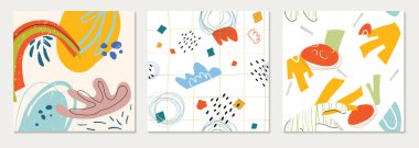 Modern kartlar ve kusursuz desenler. Elle çizilmiş organik şekiller, dokular ve grafik elementlerle vektör kolajları. Moda bahar kartı. Baskılar, sosyal medya, davetiyeler, kapaklar için mükemmel tasarım