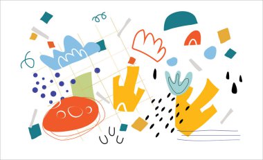 Moda geometrik formları, dokuları, vuruşları, soyut ve çiçekli dekorları ayarlayın. Soyut modern trend vektör illüstrasyonu. Modern tasarım elementleri, kartlar, ambalaj kağıtları. Vektör