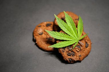 Cannabis leaf. Chocolate cookies. Marijuana food. Medical weed edibles. CBD oil. Copy space clipart