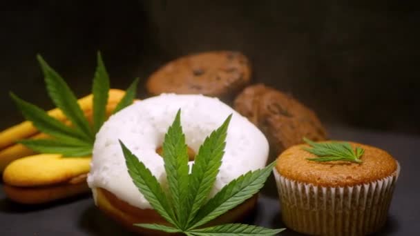 Cannabis Edibles Cbd Oil Sweets Marijuana Leaf Smoke Effect — Stock Video