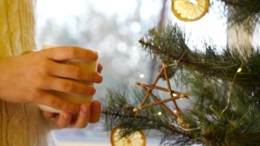Noel ağacının yanında duran bardak. Kapatın. Yeni yıl kutlaması. Ev sıcaklığında atmosfer 