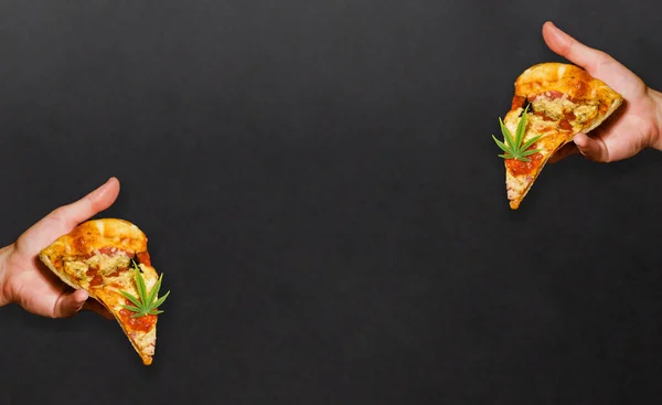 Elle tutulur pizza dilimi. Yenilebilir kenevir. Marihuana yaprağı. CBD ve TCH yağı. Boşluğu kopyala 