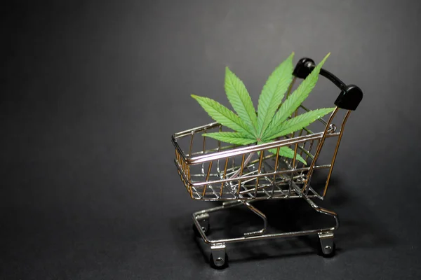 Alışveriş arabası afişinde kenevir yaprağı. Tıbbi ot. Hızlı marihuana teslimatı. Boşluğu kopyala. 