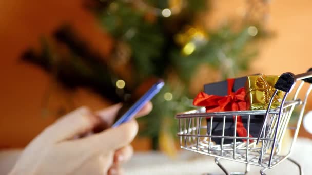 Encomende Presentes Natal Online Smartphone Compras Casa Novas Férias Normais — Vídeo de Stock