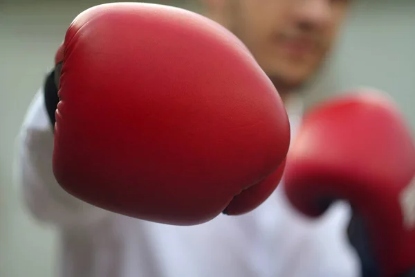 Boks eldivenli bir ofis müdürü. Başarılı bir iş adamı afişi. İş yarışması. Motivasyonlu işçi