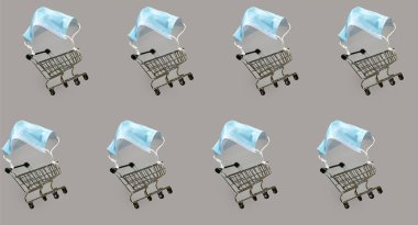 Koruyucu maske paraşütlü alışveriş arabası. Güvenli teslimat. Yeni normal alışveriş.