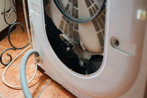 Close Disassembled Washing Machine Laundry Broken Mechanic Tools — Stock Photo, Image
