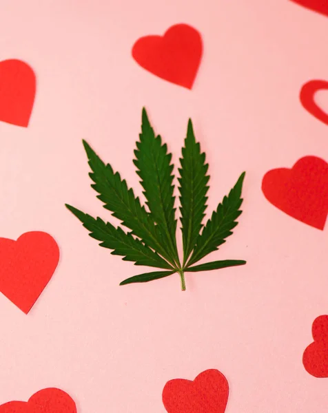 Cannabis Löv Platt Låg Röda Hjärtan Mönster Kärlek Marijuana Tapeter — Stockfoto