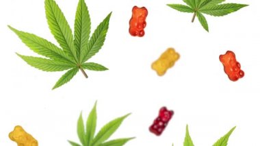 CBD 'li kenevir yaprağı jöle ayılar düşüyor. 4K video. Tıbbi marihuana tatlısı. Yenebilir TCH. 