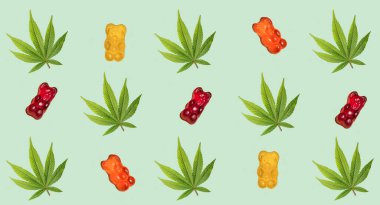 CBD 'li kenevir yaprağı, ayıcıklı jelibon deseni. THC jöleli şekerler. Marihuana yenilebilir pankart. Endişe tedavisi
