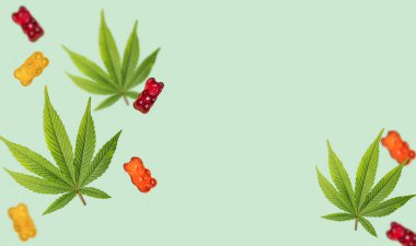 İçinde CBD jelibon olan kenevir yaprağı. THC jöleli şekerler. Marihuana yenilebilir pankart. Uzayı kopyala Endişe tedavisi 