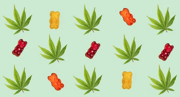Cannabis leaf with CBD infused gummy bears pattern. THC jelly candies. Marijuana edibles banner. Anxiety treatment
