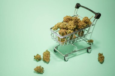Marihuana tomurcukları alışveriş arabasında. Ot dükkanı. Marihuana işi 