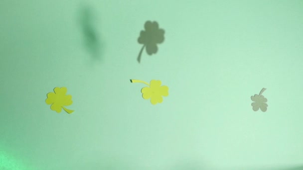 纸的三叶草叶子掉了下来 圣帕特里克节的象征 顶部视图 — 图库视频影像