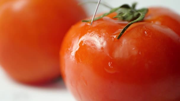 Feche Injeção Tomate Produção Vegetais Geneticamente Modificados Conceito Agricultura — Vídeo de Stock