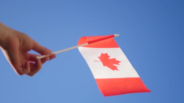 手拿着加拿大国旗蓝天阳光灿烂的日子 4K视频 — 图库视频影像