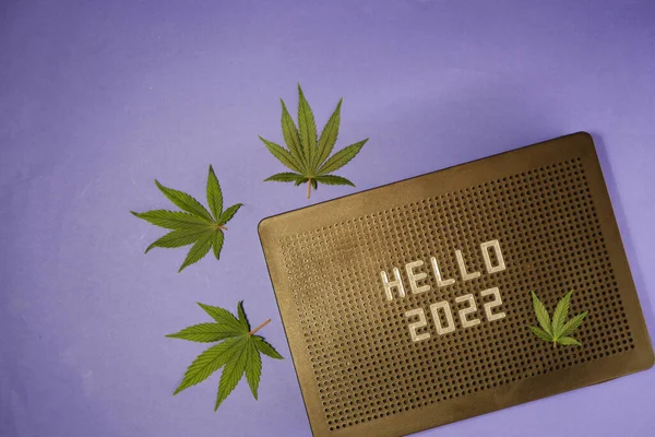 Hej 2022 Meddelande Ombord Flat Låg Cannabisblad Nytt Hälsning Med — Stockfoto