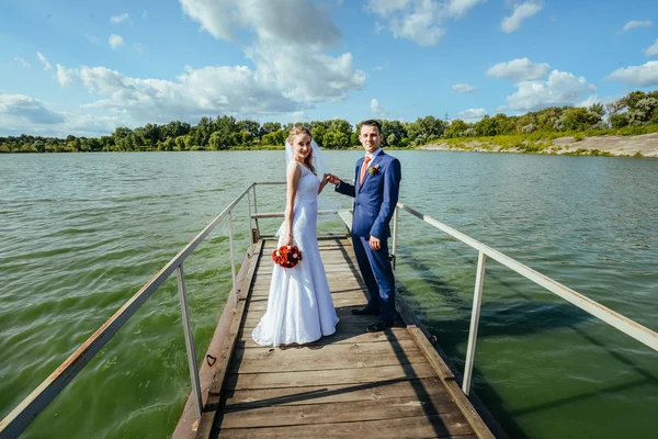 Caminhada de casamento na ponte Imagem De Stock