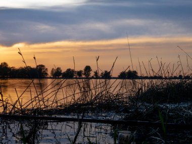 Nehirde güzel bir gün batımı. Bir resim için güzel bir manzara.
