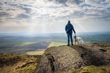 Bir kadın ve beyaz köpeği Kuzey İrlanda 'daki Slemish Dağı' na tırmandıktan sonra İrlanda kırsalının manzarasının keyfini çıkarıyorlar.