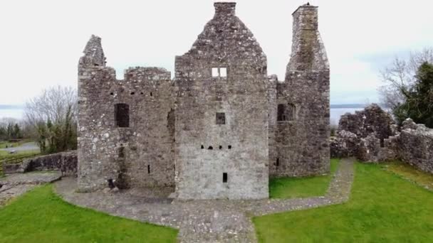 北アイルランドのタリー城 2021年2月27日 北アイルランドのFermanaghにあるタリー城の遺跡を回って空中4Kビデオ — ストック動画