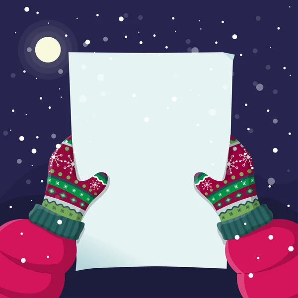 両手に手紙がある ニットミトンで手を紙の空の部分を維持します 願いを叶えましょう 冬の雪のテーマ 居心地の良い魔法のクリスマスの夜 — ストックベクタ