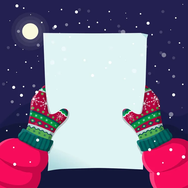 İki el bir mektubu tutar. Eldivenli eller boş bir kağıt parçası tutar. Bir dilek tut. Karlı kış teması. Samimi sihirli Noel gecesi.